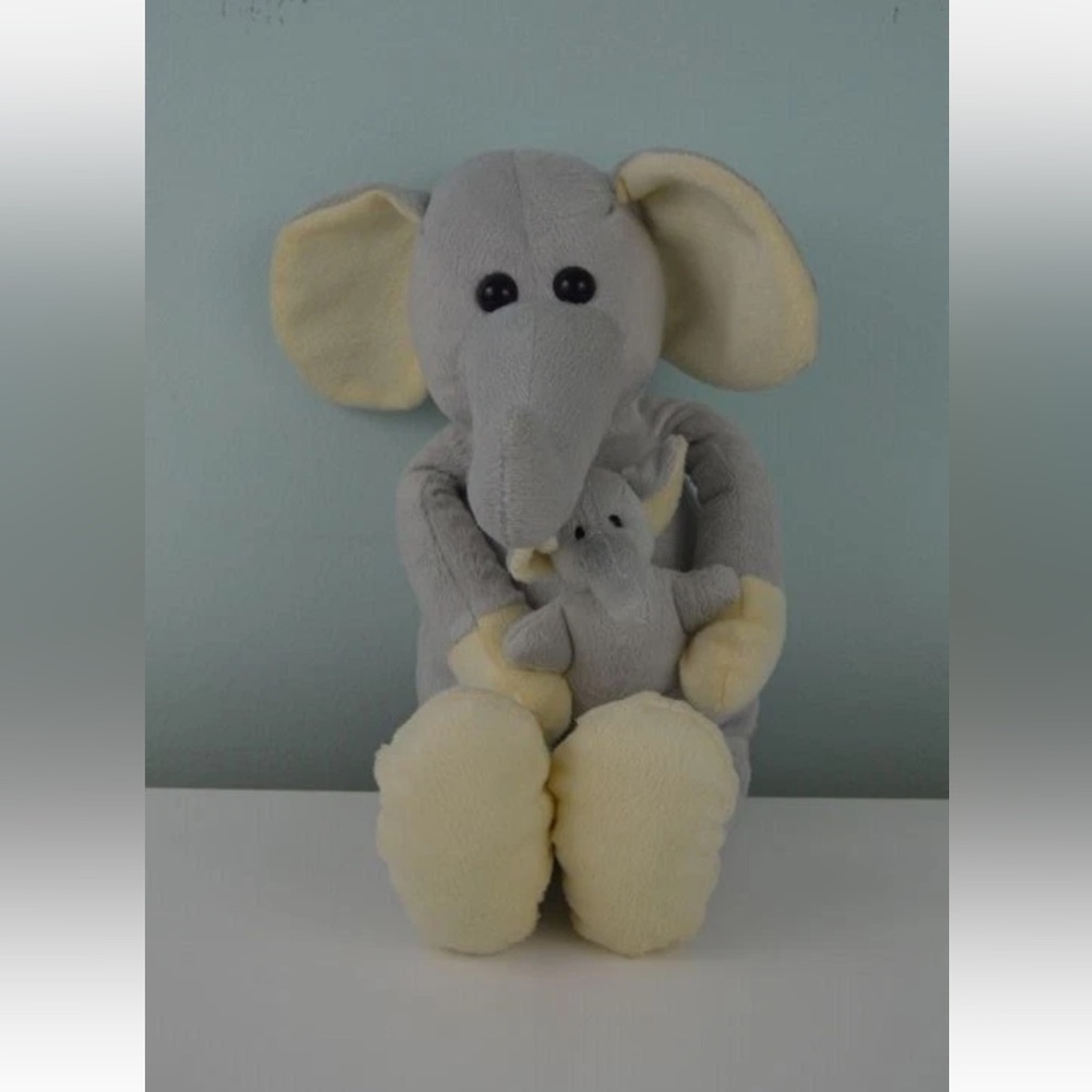 Tom's Toy Elephant Holding Baby Plush Stuffed Animal Gray Cream Lovey